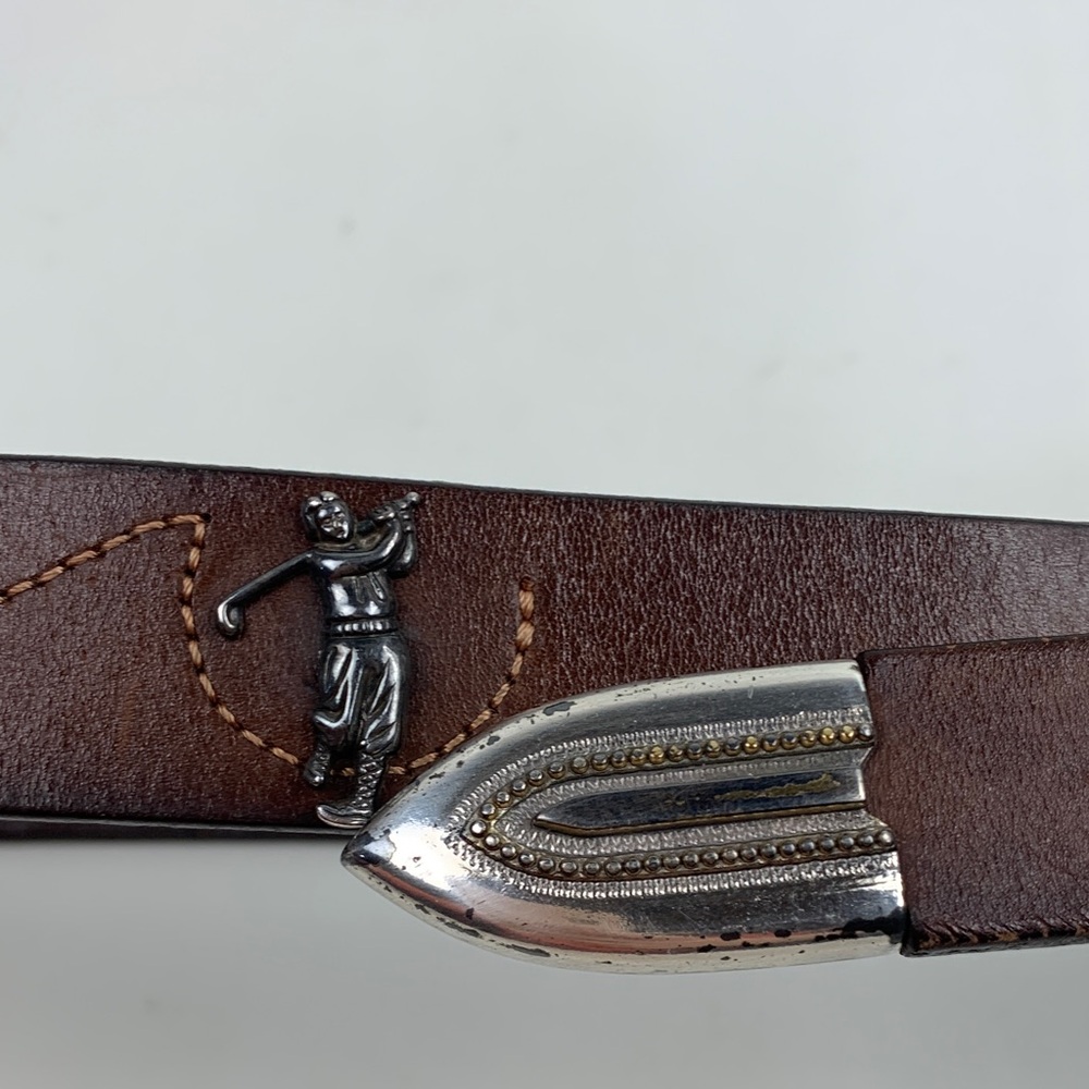 Vintage 1996 Brown Leather GOLF Belt with Silver Buckle Golfer & Ball Design 34